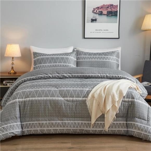 King Size Comforter Set Grey,3 Pieces Bedding Comforter Sets1 Striped Comforter - Picture 1 of 6